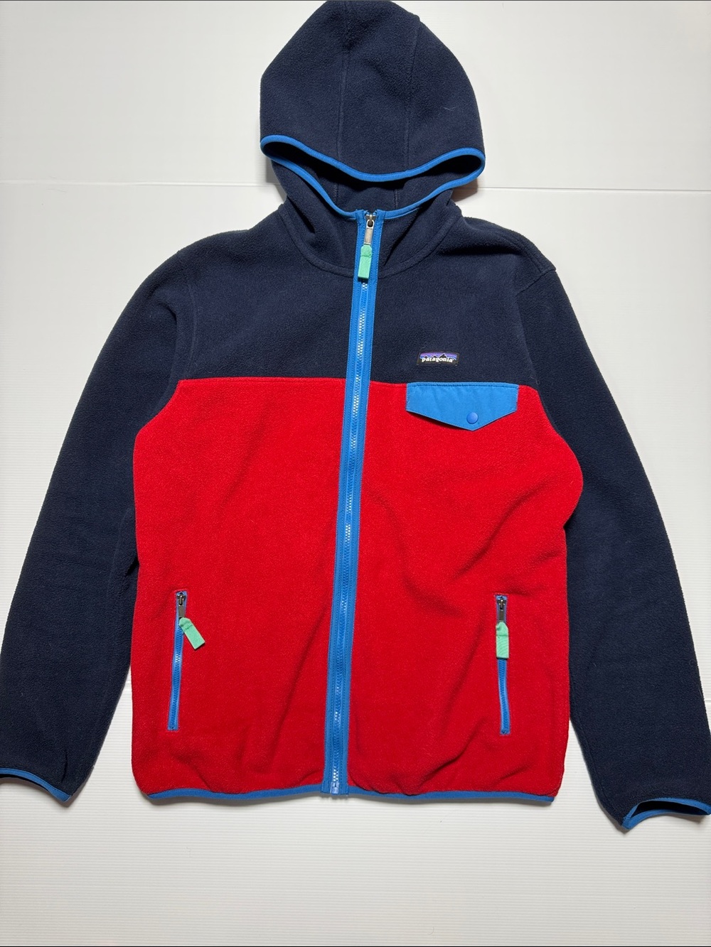 PATAGONIA Synchilla Colorblock Zip Up Hooded Fleece Red Navy Bright Blue Trim M